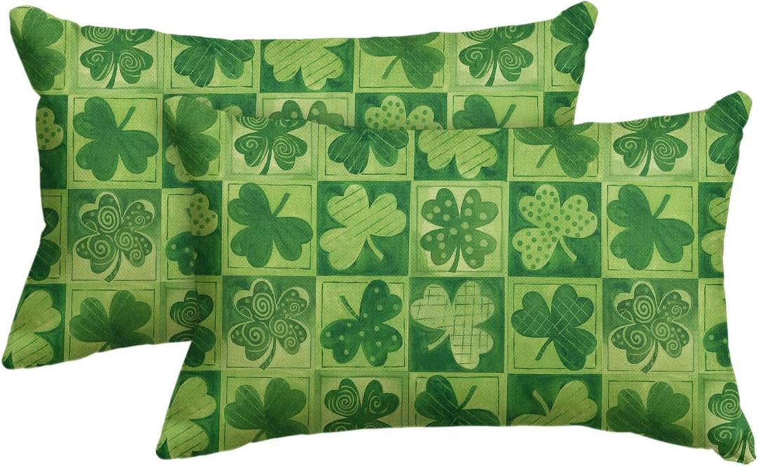 AVOIN colorlife St Patricks Day Clover Polka Dot Green Throw Pillow Covers, 12 x 20 Inch Check Shamrock Cushion Case Decoration for Sofa Couch Set of 2