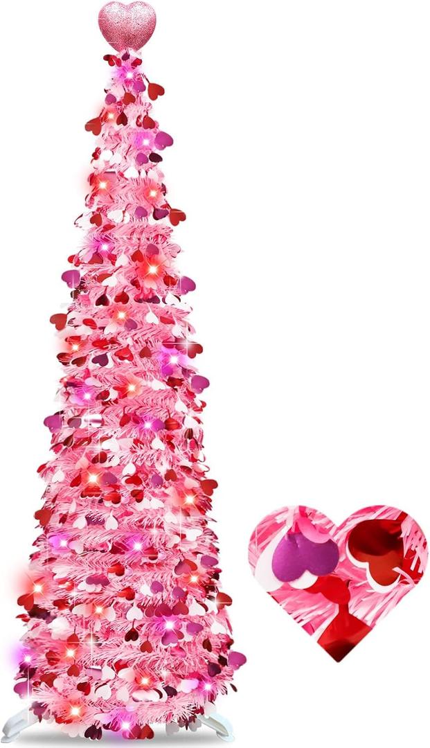 Valentines Day Decorations 5Ft Pink Valentines Christmas Tree with Lights Timer Battery Operated Pop Up Artificial Tree with Heart Ornaments, Heart Topper Decorations for Indoor Home Outdoor Office