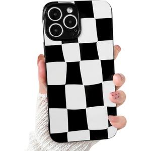 NITITOP Compatible with iPhone 14 Pro Case Cute Aesthetic Checkerboard Larger Blocks Pattern for Women Girl Trendy Slim Fit TPU Silicone Shockproof Full Camera Protection Cover - Black and White