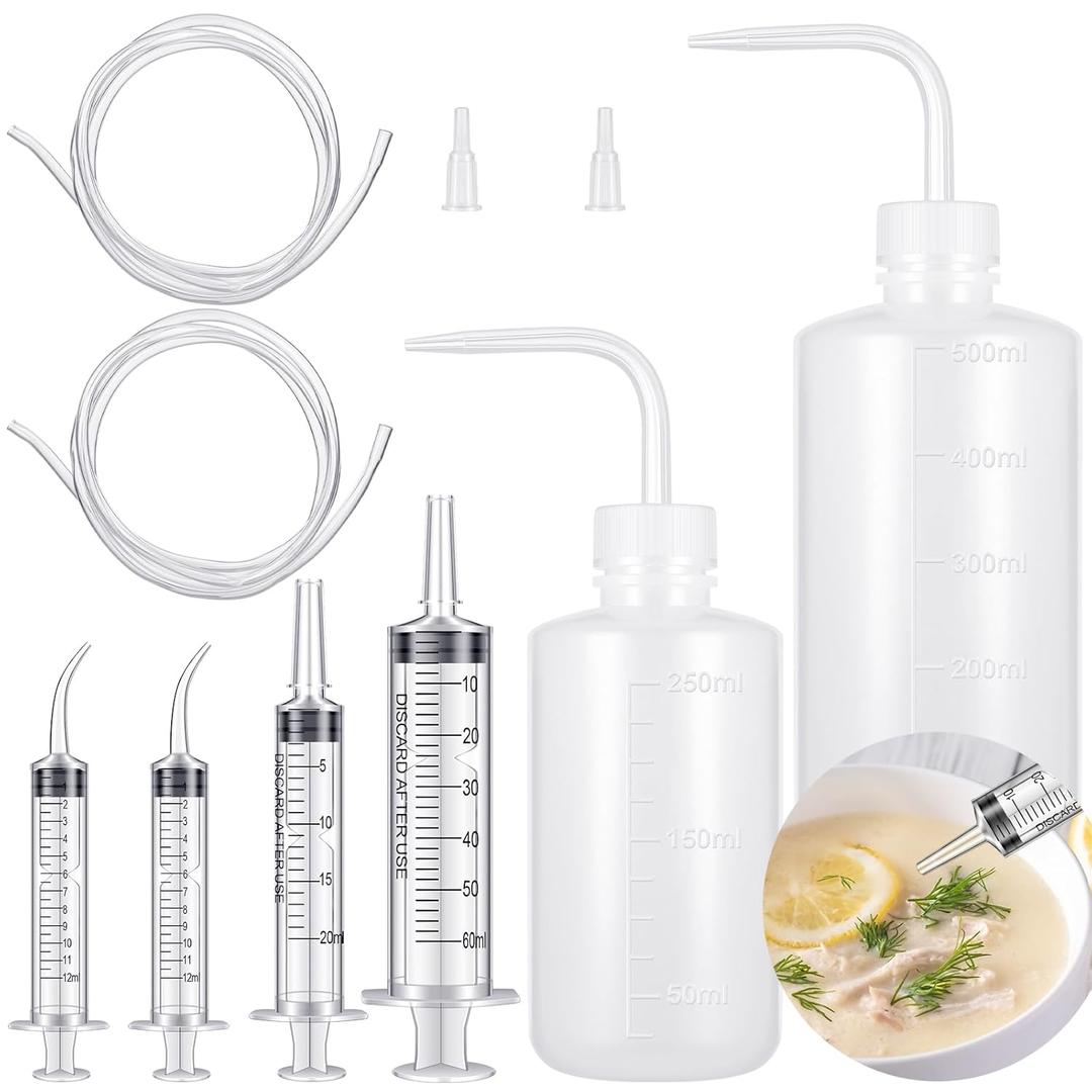Geiserailie 8 Pcs Soft & Liquid Diet Kit 2 Large Plastic Syringe with Tube 2 Wash Bottles Squeeze 2 Curved Syringes Recovery Supplies for Eating and Drinking Liquid Food