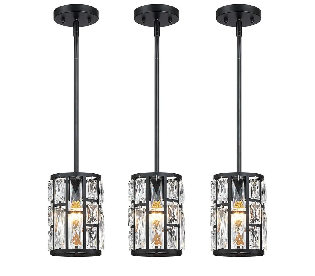 MEXO Modern Crystal Pendant Light Fixture 3Pack Matte Black Finish Hanging Lighting Crystal Chandelier for Living Room, Kitchen, Hallway