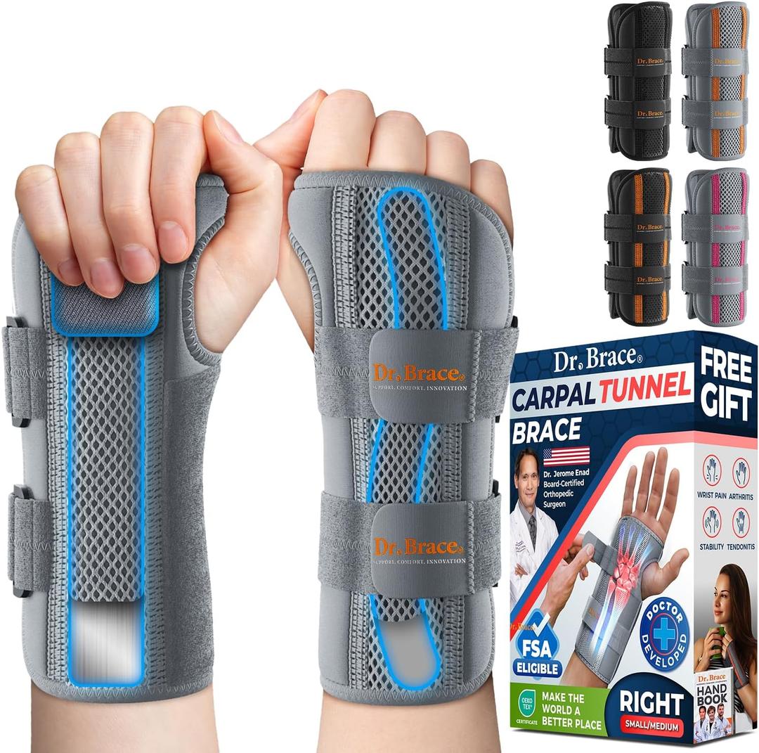 DR. BRACE Adjustable Wrist Brace Night Support for Carpal Tunnel, FSA & HSA Eligible, Doctor Developed, Upgraded with Double Splint & Therapeutic Cushion, Hand Brace For Pain Relief, Injuries, Sprains (Small/Medium (Right Hand), Grey)