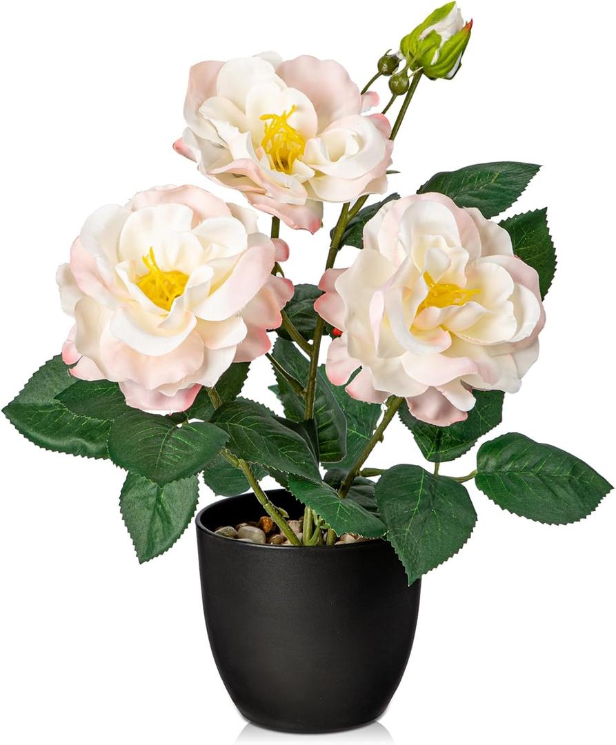 Hollyone Artificial Plants & Flowers with Vase Pink Roses Artificial Flowers Small Potted Plant Faux Silk Flower with Black Pot Fake Rose Flower Arrangement Office Shelf Desk Home Decor 11 Inch (Rose 2-pink 11inch)