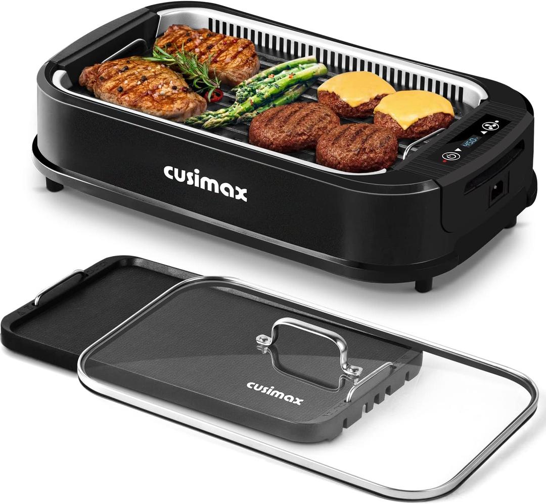 Indoor Grill, CUSIMAX Smokeless Grill Indoor, 1500W Electric Grill Griddle Korean BBQ with LED Smart Display & Tempered Glass Lid, Non-stick Removable Grill Plate & Griddle Plate, Black