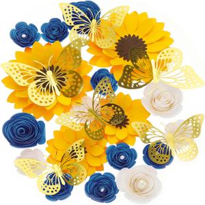 Nezyo 30 Pack Flower and Butterfly DIY Set DIY Graduation Cap Decorations 18 Pcs Flower Heads 12 Pcs 3D Butterfly Decorations Flat Back Roses Yellow Sunflower Heads for Grad Hats(Blue, Yellow)