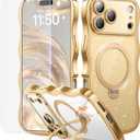 3 in 1 for iPhone 17 Pro Max Case with 360 Spin Magnetic Stand, 1X DIY Glitter Cardstock +1X Screen Protector, [Fit for Magsafe]Cute Wavy Trendy Glossy Clear Phone Cover for Women Girls 6.9", Gold