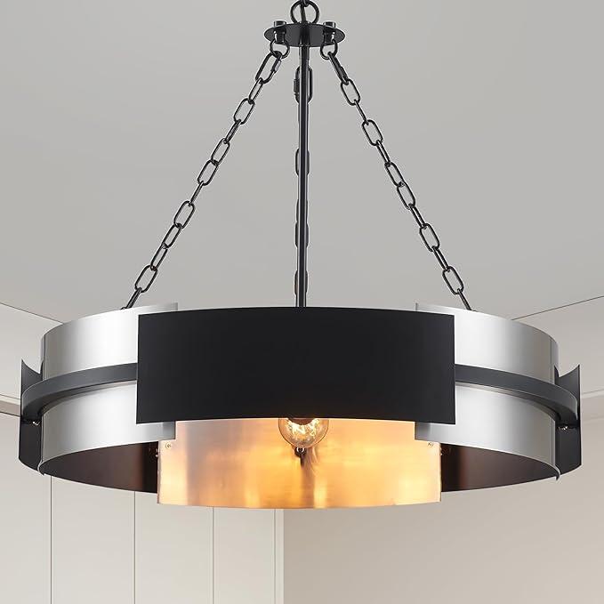 Avzkcy Modern Drum Chandelier, 26Inch Industrial Light Fixture 5Light Nickel and Black Drum Pendant Lighting Height Adjustable for Dining Room, Kitchen, Living Room, Office, Foyer