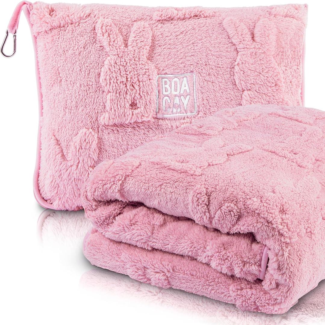 BOACAY Travel Toddler Blanket for Airplane, Car - Soft Kids Throw Blanket for Daycare - Pillow for Girls, Boys with Backpack Clip, Luggage Sleeve (Pink)