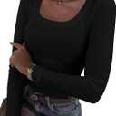 Roselux Womens Long Sleeve Scoop Neck Ribbed Knit Fitted Casual Tops Tee Slim Basic Shirts (Small, Black)