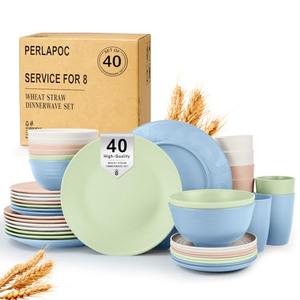 Perlapoc 40 PCS Wheat Straw Dinnerware Sets Unbreakable Dishes Set for 8 Plastic Plates and Bowls Sets with Cups Dishwasher & Microwave Safe - Colorful