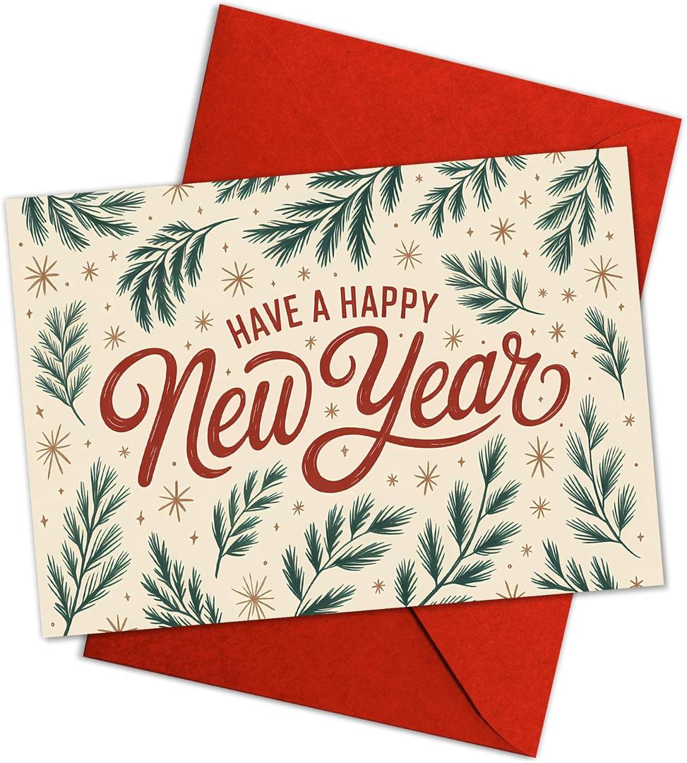 Have a Happy New Year Card Festive Pine Branch Design Rustic Botanical Holiday Greeting for Friends Family Coworkers Elegant Nature Inspired New Year 2026 Card 5.3''x8'' Folded with Envelope