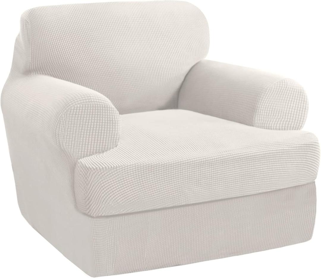 PrinceDeco 2 Pieces Armchair Slipcover Stretch Couch Covers for T Cushion Chair Slipcovers Soft Arm Chiar Cover Furniture Covers with 1 Individual T Shape Seat Covers Width Up to 40", Ivory