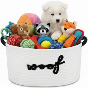 Woof Dog Toy Basket Woven Pet Baskets Storage Bin Box with Durable Handles, Woven Pet Basket Puppy Bins for Organizing Toys Dog Blankets and Accessories(20.5 x 11.4 x 8.7 Inch,Woof) (Large)