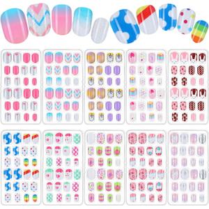 Maitys 240 Pcs Children False Nails 10 Packs Kids Girls Press on Short Artificial Fake Nails Gradient Color Rainbow Pre Glue Full Cover Acrylic Nail Kit for Children Nail Decoration(Unicorn, Rabbit)