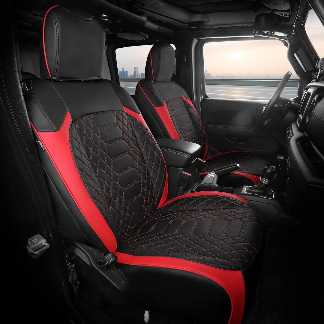 FREESOO Seat Covers for Jeep Wrangler 4 Door JL 2018 2019 2020 2021 2022 2023 2024 2025 2026 1:1 Custom Seat Covers Without Rear Cup Holder - BlackRed