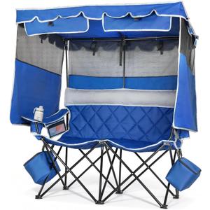 Suteck Double Camping Chair with Canopy, Oversized Double Chair with Umbrella, Folding Camping Loveseat w/2 Cooler Bag & Cup Holders for Camping Beach Fishing, Supports 660lbs