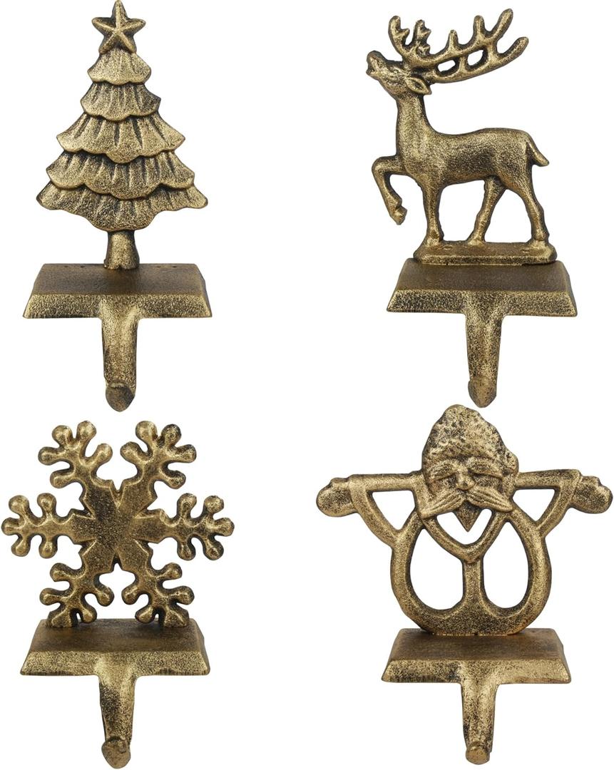 OCTERIC 4Pcs Stocking Holders, Reindeer Santa Snowflake Christmas Tree Metal Mantel Hooks, Anti-Slip Heavy Duty Solid Cast Iron Mantle Hangers Xmas Dcor for Fireplace Holiday Indoor Decoration