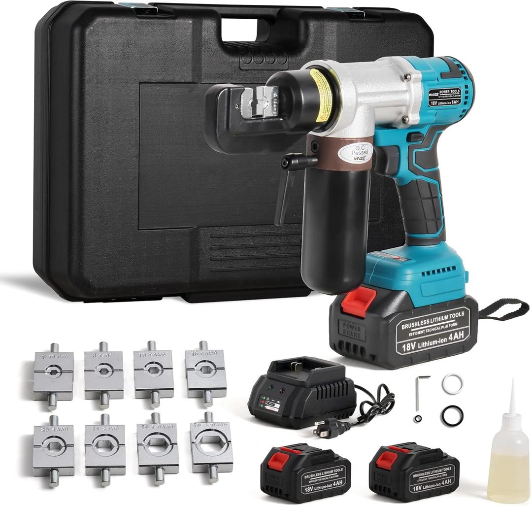 Electric Hydraulic Cable Lug Crimping Tool 6 Ton Hydraulic Electrical Wire Terminal Cable Lugs Crimper Rechargeable Crimping Tool Kits with 8 Dies, 12 AWG to 2/0 AWG Electric Hydraulic Cable Lug Crimping Tool 6 Ton Hydraulic Electrical Wire Terminal Cable Lugs Crimper Rechargeable Crimping Tool Kits with 8 Dies, 12 AWG to 2/0 AWG