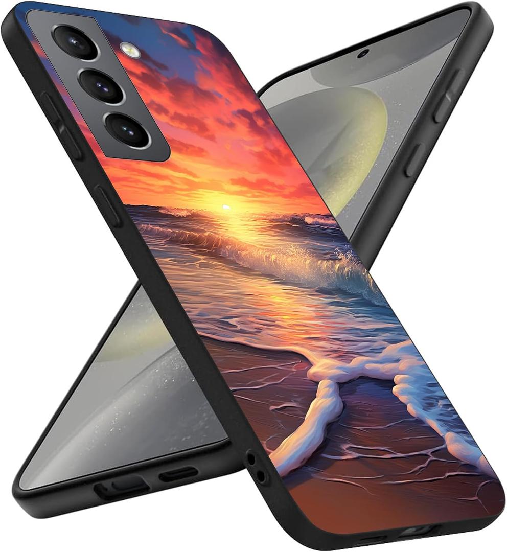 Compatible with Samsung Galaxy S25 Plus Case, Aesthetic Sunset Beach Blue Waves Design Soft TPU Slim Protective Case Gift for Women, Girls, Boys, and Men
