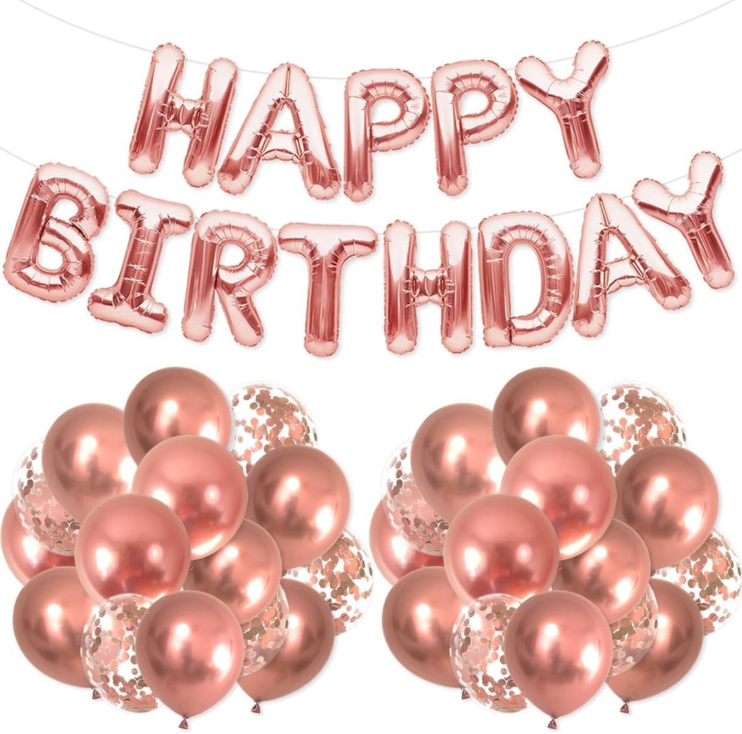 PartyForever Rose Gold Happy Birthday Balloons 16inch Letters Banner for 21st, 30th, 40th, 50th or 60th Birthday Birthday Party Decorations and Supplies for Girls and Women