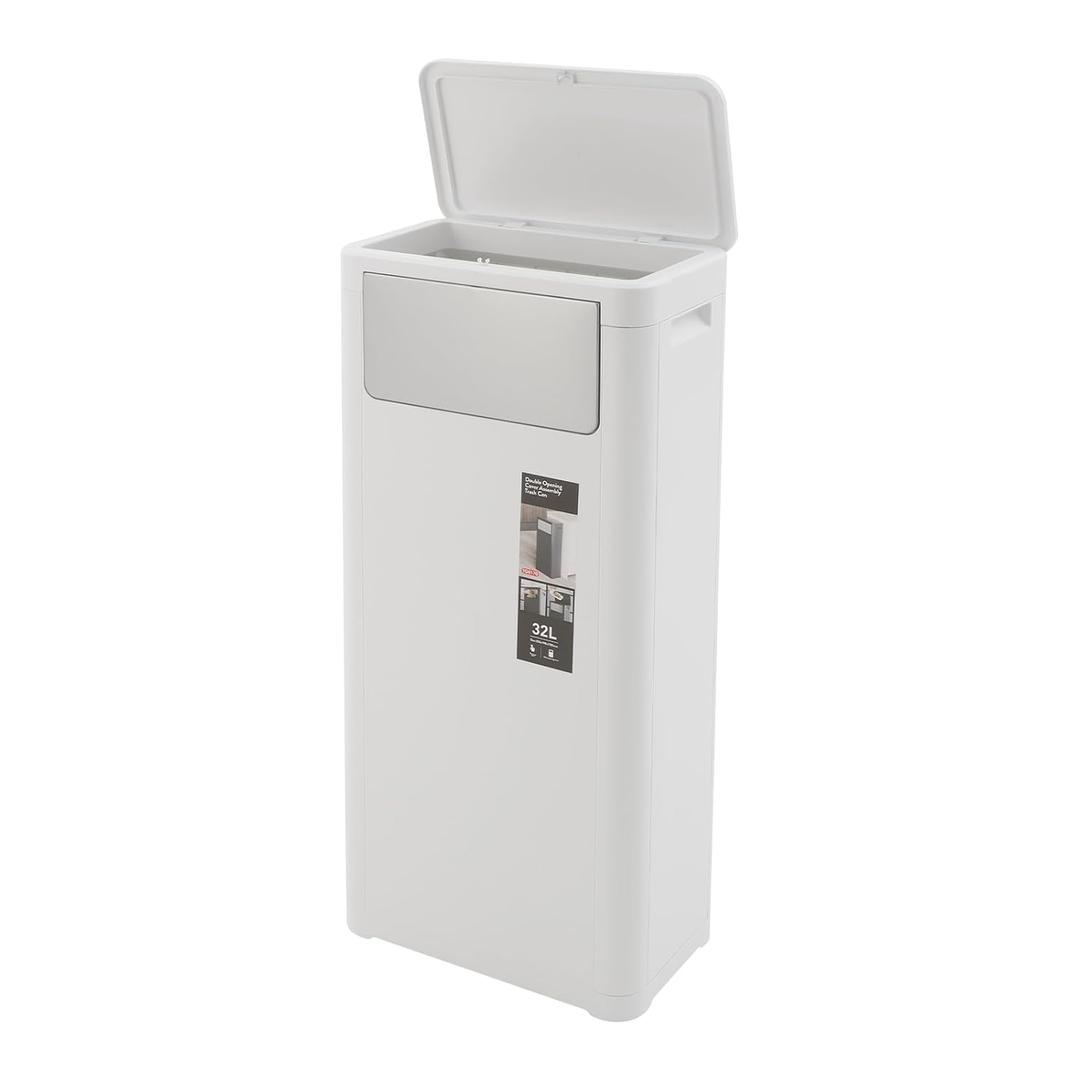 32L/8.45Gal Trash Can, Double Opening Cover Trash Bin, Waste Bin with Press top Lid, Garbage Can for Kitchen, Bathroom, Bedroom, Living Room, Office (White)