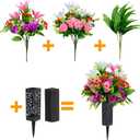 Set of 2 Artificial Cemetery Flowers, Artificial Rose Lily Grave Memorial Flowers with Black Plastic Vase for Cemetery Headstones Gravesite Decoration