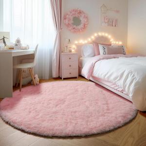ONASAR Light Pink Round Area Rugs 5ft for Bedroom Living Room, Fluffy Circle Rug for Kids Girls Boys Teen, Soft Plush Shaggy Carpet for Nursery Dorm Classroom Playroom Home Decor Aesthetic