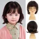 Short Wavy Brown Kids Wig Synthetic Girls Bob Wig with Bangs Child Cosplay Costume Party