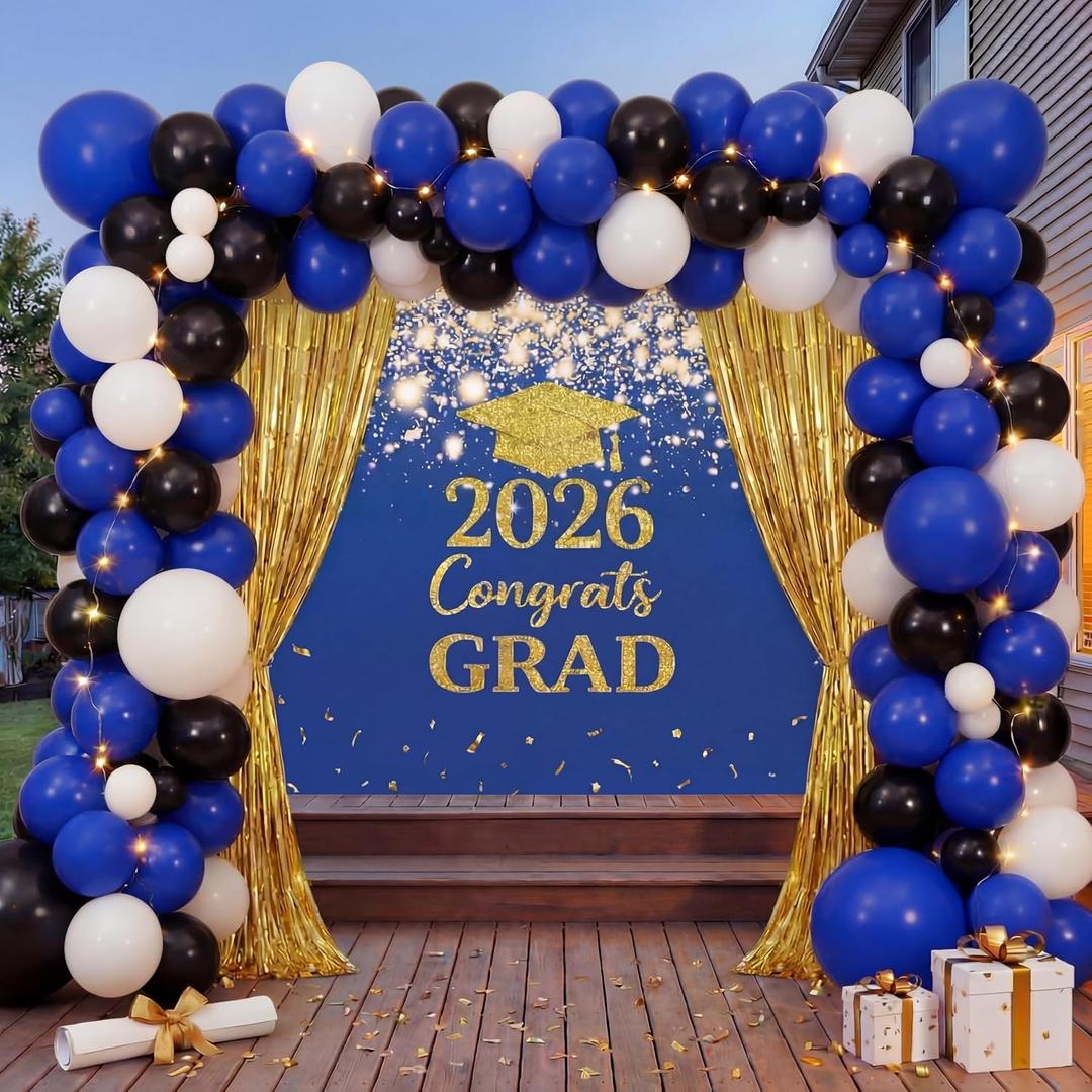 2 x Graduation Party Decorations- Large Outdoor 2026 Graduation Banner with Balloon Arch and Gold Curtain Backdrop- Navy Blue Gold 47x71graduates Porch Sign for High School College Party