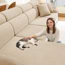 YEMYHOM Couch Cushion Covers for Sofa, Stretch Sectional Couch Seat Cushion Covers Washable Thick Furniture Protector Sofa Slipcovers for Pets (2 Seater + 1 Chaise, Beige)