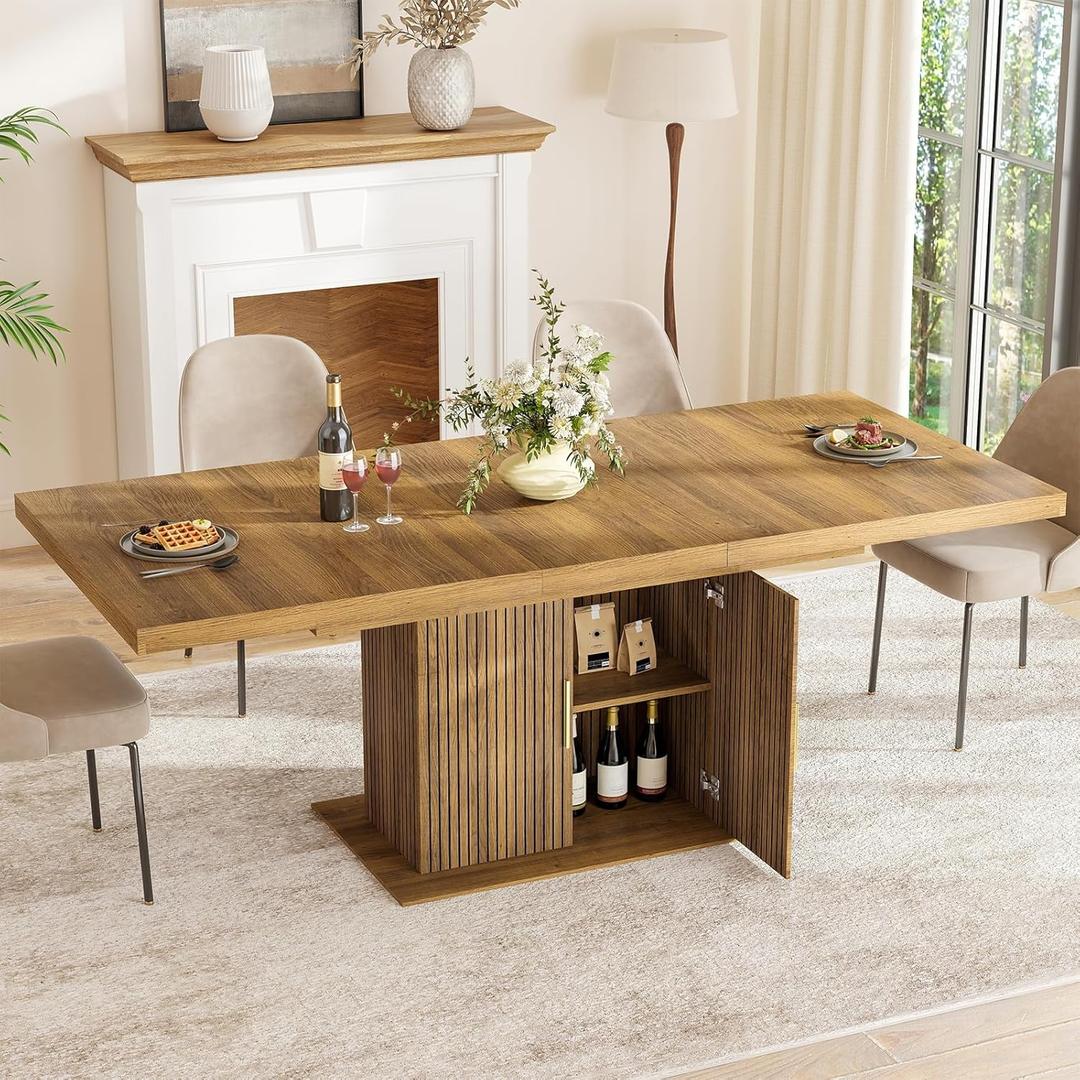 62.99"-78.74" Expandable Dining Table with Storage, Extendable Dining Table for 6-10 People, Extra Hidden Storage for Tableware & Wine, Modern Farmhouse Table for Kitchen Living Room-Brown