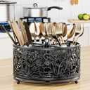 YIUKEA 360 Rotating Utensil Caddy - Silverware Cutlery Caddy Holder with 4 Compartment, Metal Flatware Organizer Countertop with Handle for Party Camping Picnic, Kitchen Counter, Office (Black)
