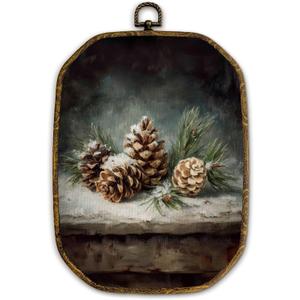 Yjeslw Vintage Christmas Pine Cone Octagon Wall Art Decor, Rustic Christmas Framed Canvas Prints, Holiday Winter Xmas Botanical Wall Hanging Decorations for Home Living Room Decor, 10.2x7 Inches (strobile)