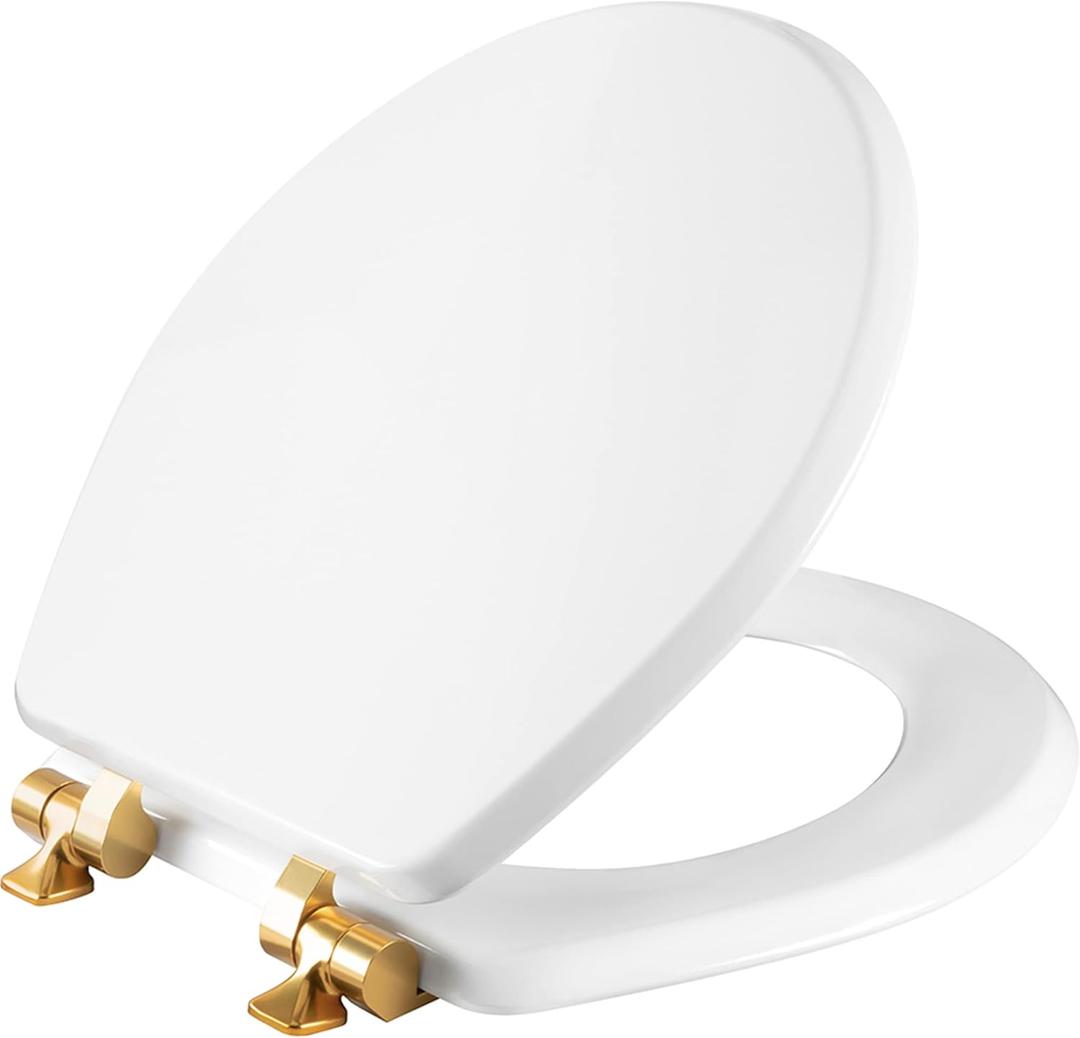 Mayfair Bennett Toilet Seat with Brushed Gold Hinges, Slow Close Wood Seat, Secure Metal Hinges, Easy Install, Made in USA, Round, White