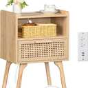 Lerliuo Rattan Nightstand with Charging Station, Boho Side Table with Drawer Open Shelf, Cane Accent Bedside End Table with Solid Wood Legs for Bedroom, Dorm and Small Spaces (1 pack, Natural)