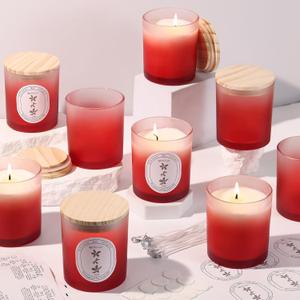 12Pcs Gradient Red Candle Jars for Making Candles, 10oz Glass Jars with Bamboo Lids, Candle Wick Kit and Sticky Warning Labels, Candle Containers Vessels for DIY Gifts
