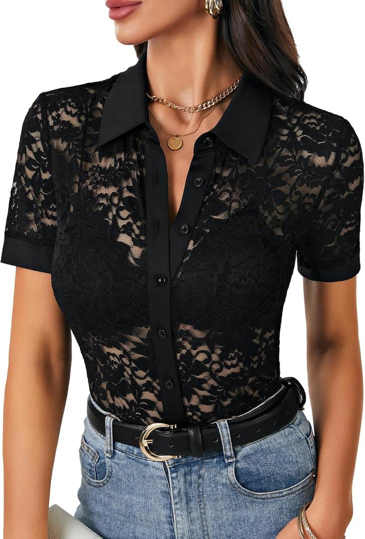LYANER Women's Lace Tops Button Up Sexy Short Sleeve Shirt Dressy Casual Sheer Top Collared Blouse (Black) XLarge