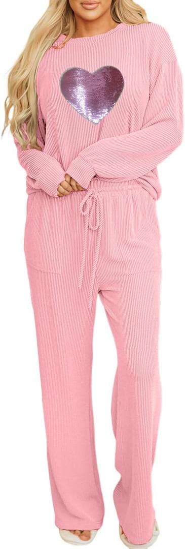 Deer Lady 2 Piece Sets for Women Fall Ribbed Long Sleeve Top and Pants Set Pocket Pajama Lounge Sets Travel Outfit Loungewear (Medium, 02-valentine Heart Pink)