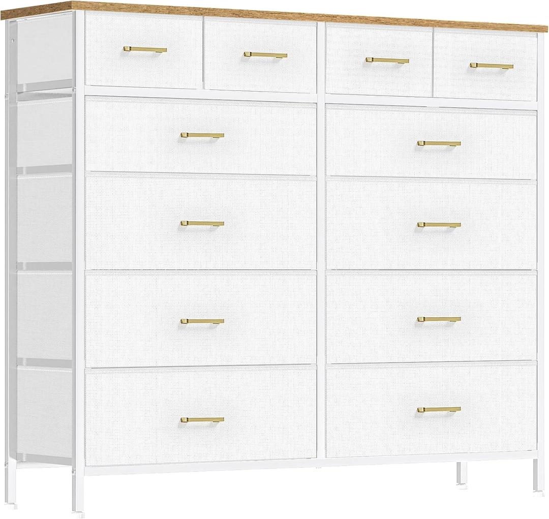 VASICAR White Dresser for Bedroom with 12 Deep Drawers, Wide Chest of Drawers, 55" TV Stand with Retro Wood Top, Tall Fabric Dresser for Closet, Nursery