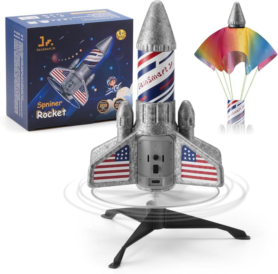 SainSmart Jr. Rocket Launcher for Kids - Upgraded Version, 200 ft Self Launching Motorized Rocket Toy with LED and Safety Parachute, Outdoor Toys for Ages 8-12, Birthday for Kids