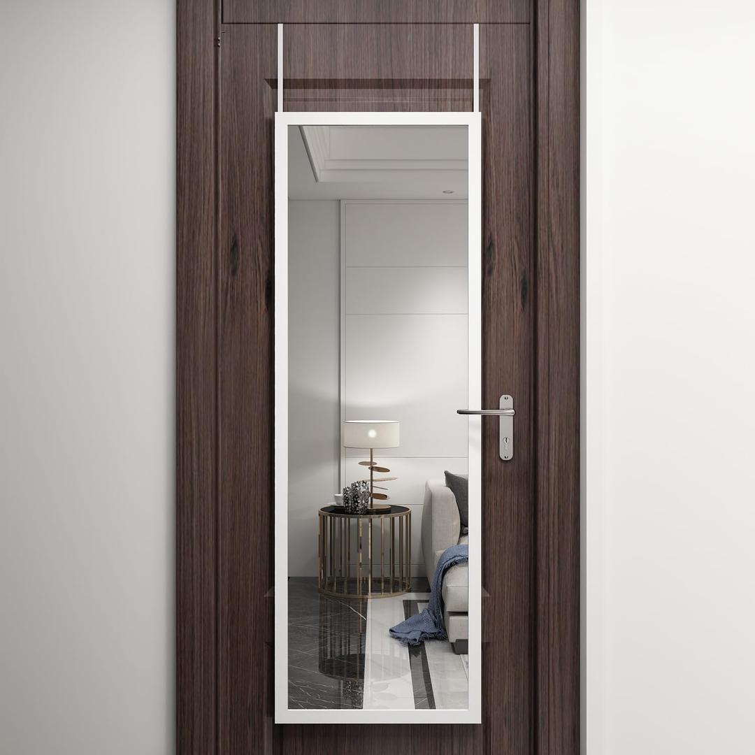 whitebeach 48" x 16" Over The Door Full Length Mirror Wall Mounted Hanging with 2 Metal Hangers for Bedroom Living Room Bathroom White