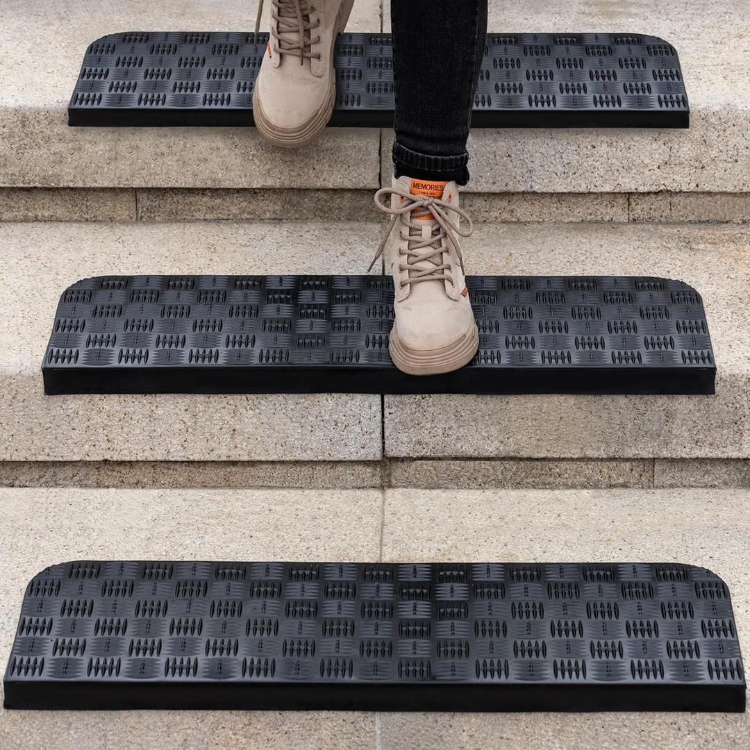 Rubber Stair Treads Non Slip Outdoor/Indoor 30" x 10" 3-Pack, Outdoor Stair Treads with Nosing for Garage, Patio, Wooden Marble Tile Metal Concrete Steps