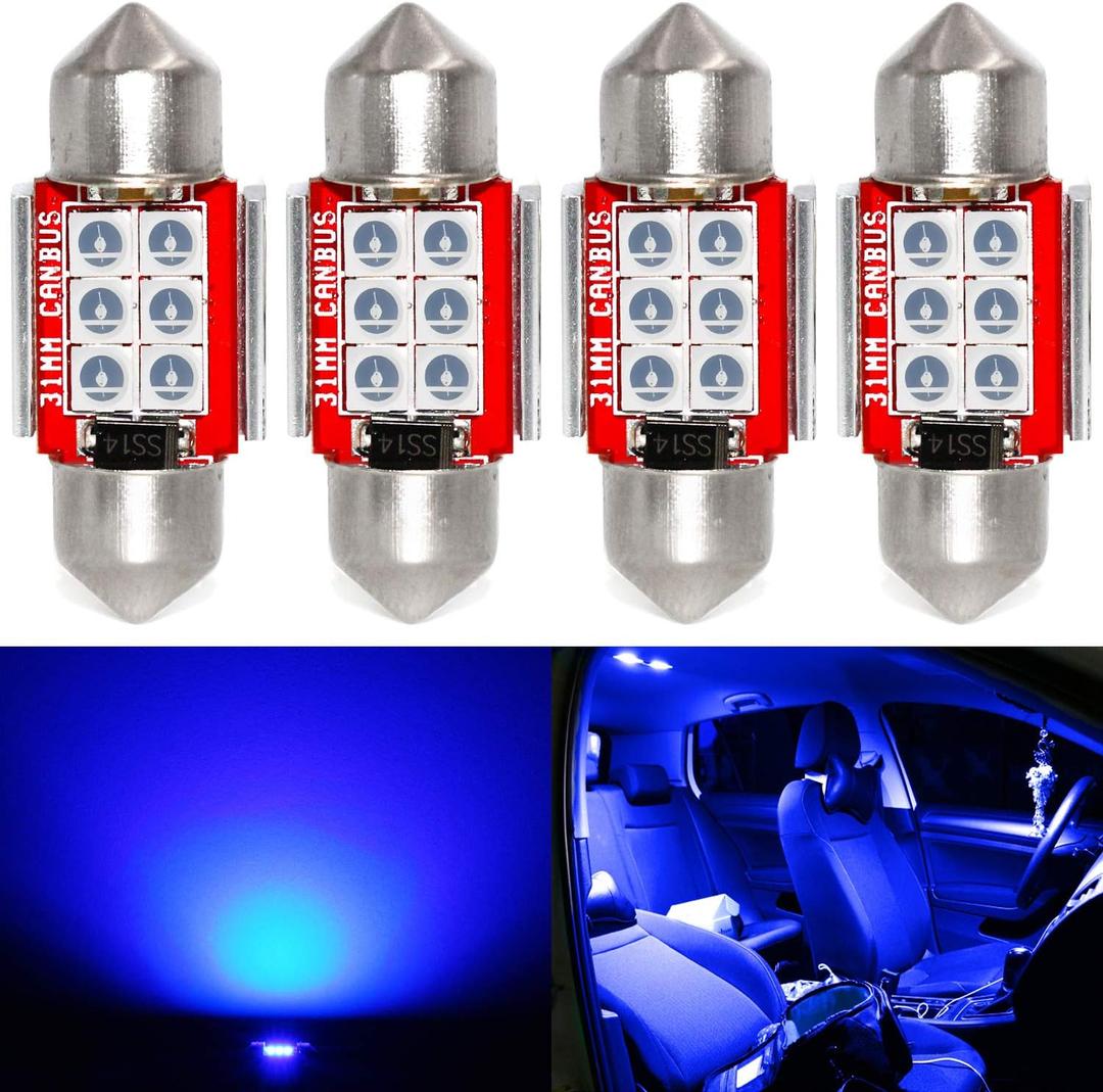 PHINLION DE3175 LED Blue Light Bulb, Super Bright Festoon 1.25" 31mm DE3021 DE3022 Miniature LED Bulbs for Car Interior Map Reading Dome Trunk Courtesy Lights, Pack of 4