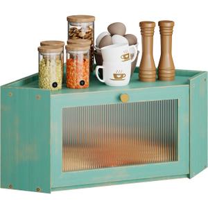 Corner Bamboo Bread Box for Kitchen Counter Large Capacity Rustic Bread Storage Container with Wavy Arcylic Transparent Door Vintage Storage for Homemade Bread (Antique Blue)