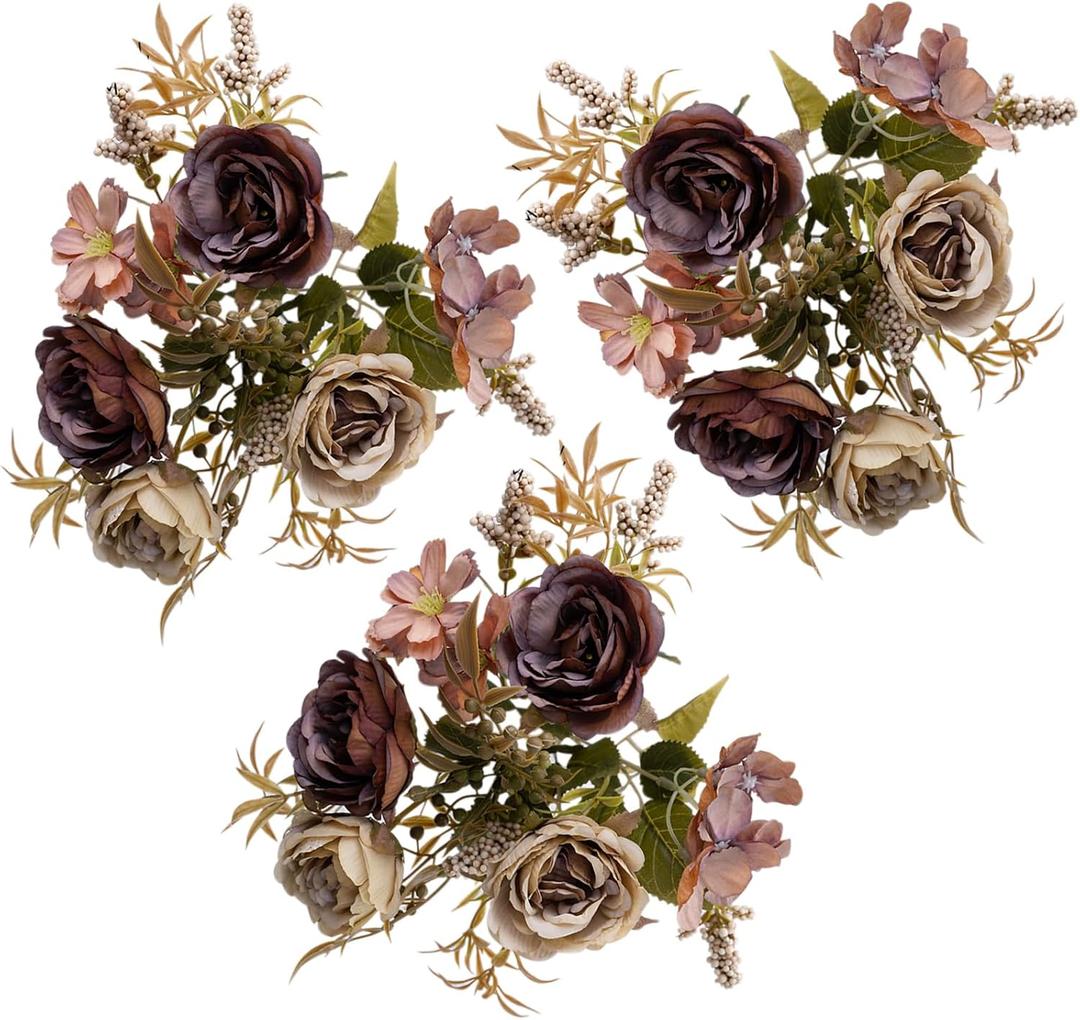 Brown Peony Artificial Flowers, Vintage Silk Dusty Fake Flowers for DIY Wedding Bouquets Centerpieces Baby Shower Party Home Decoration Rustic Peony Bunch Pack of 3