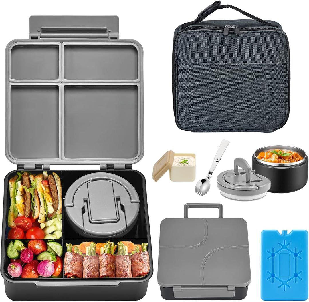 Bento Lunch Box with 8oz Soup Thermo, Kids Leakproof 4 Compartment Lunch Food Containers with Sauce Cup and Ice Pack, Kids Thermo Insulated Hot Food Jar and Lunch Bag for School, Trvael-Black