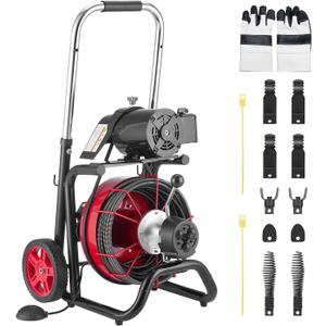 VEVOR Drain Cleaner Machine 100FT x 3/8 Inch, Auto Feed Sewer Snake Auger on Wheels, 370W Portable Drain Cleaning Machine with 8 Cutters & Air-activated Foot Switch for 2" to 4" Pipes