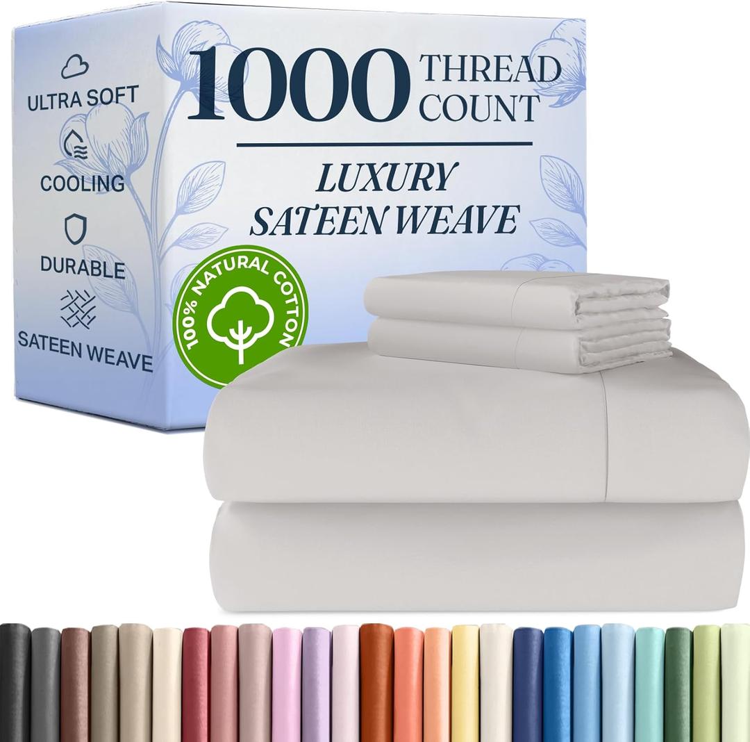1000 Thread Count Sheet Set - 100% Cotton Bed Sheets - Softer Than Egyptian Cotton - 4-Piece Light Grey Queen Set - Soft Sateen Weave - Hotel Luxury Bedding 16" Deep Pocket (Fits up to 17" Mattresses) 1000 Thread Count Sheet Set - 100% Cotton Bed Sheets - Softer Than Egyptian Cotton - 4-Piece Light Grey Queen Set - Soft Sateen Weave - Hotel Luxury Bedding 16" Deep Pocket (Fits up to 17" Mattresses)