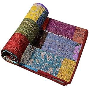 Rajasthani art decor Indian Handmade Vintage Silk Sari Patola Ethnic Reversible Blanket Bedspread Throw Stitch Patchwork (Multi, Poster 40x60)