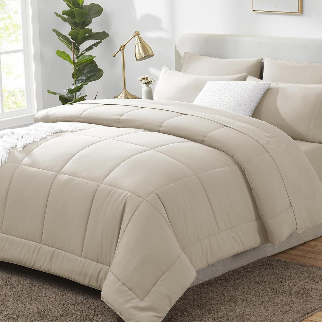 CozyLux Queen Comforter Set Oatmeal, 7 Pieces Bed in a Bag, Oatmeal Comforter Queen Size, All Season Bedding Sets with Stitch Quilted Comforter, Flat Sheet, Fitted Sheet, Pillowcases